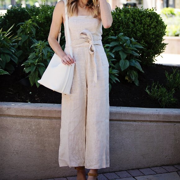 J Crew Linen Tan & White Striped Marseille Belted Jumpsuit - Picture 1 of 11